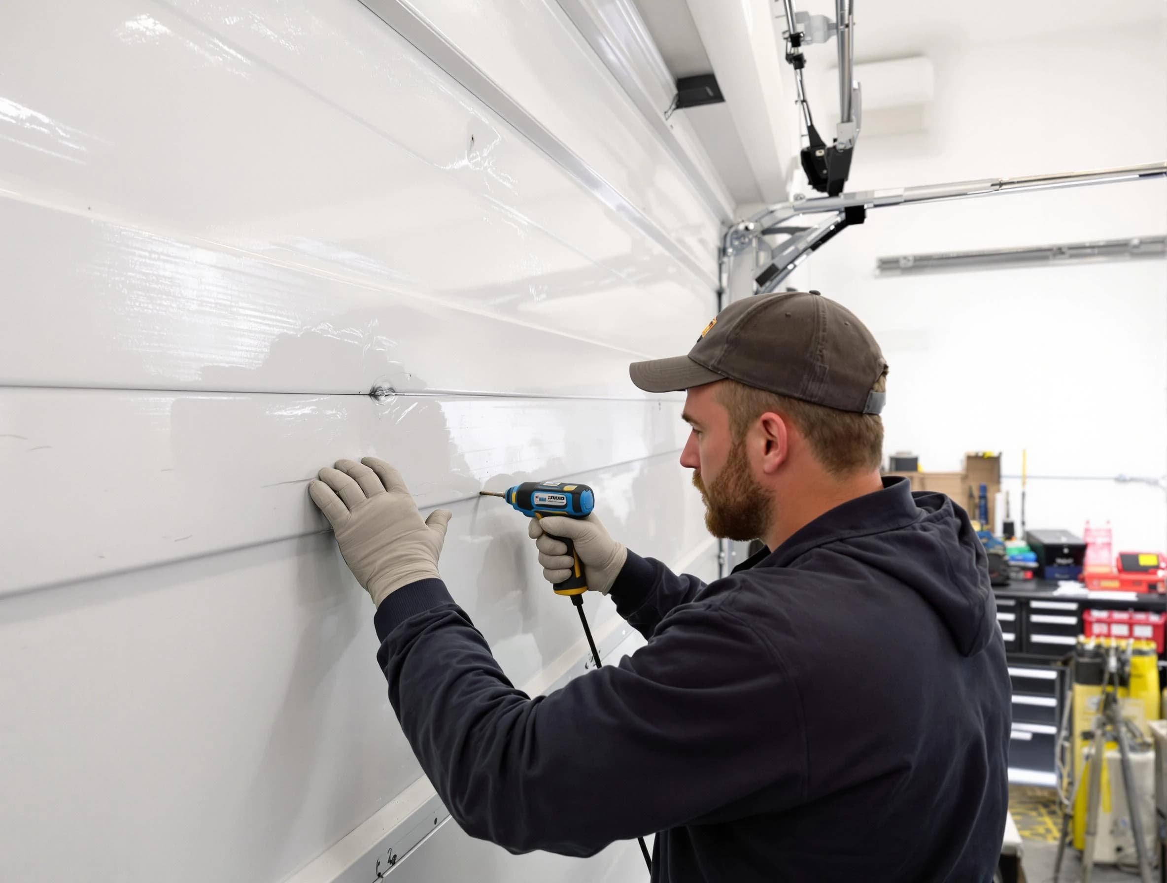 Sandy Garage Door Repair technician demonstrating precision dent removal techniques on a Sandy garage door