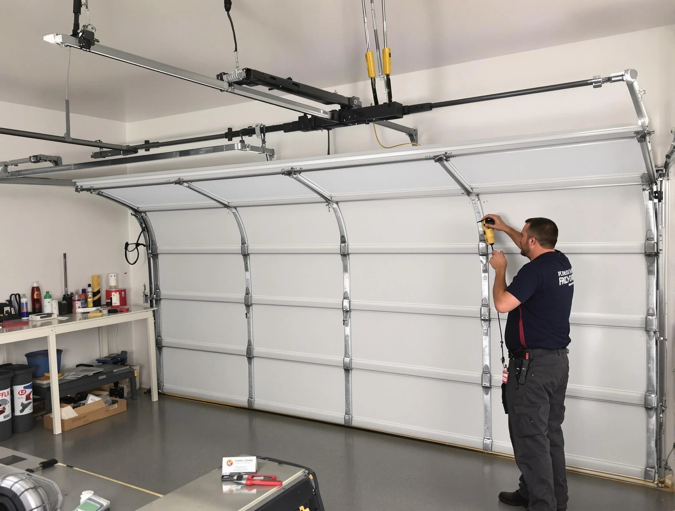 Sandy Garage Door Repair certified technician performing overhead door system repair in Sandy