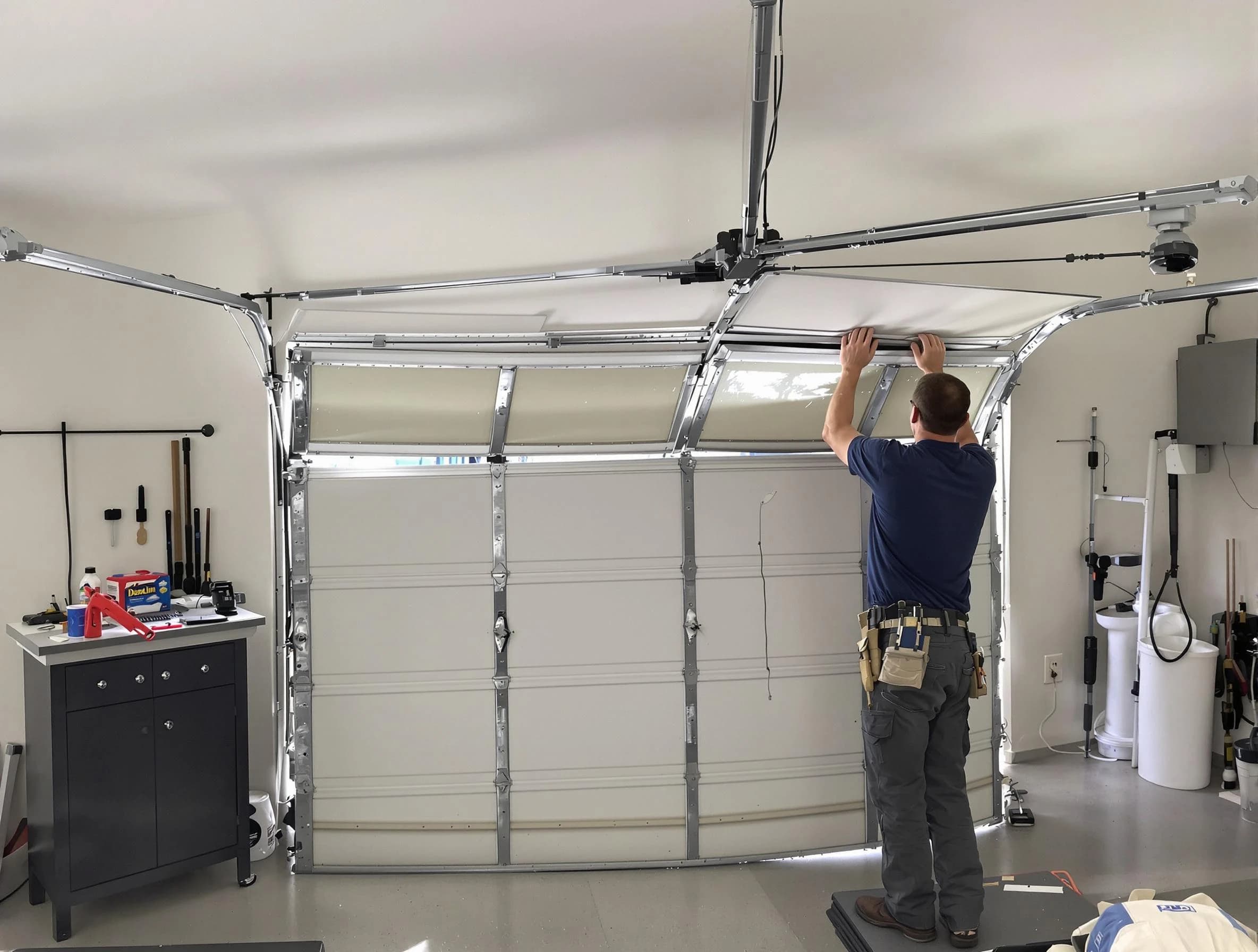 Sandy Garage Door Repair specialist performing precise section replacement on Sandy garage door