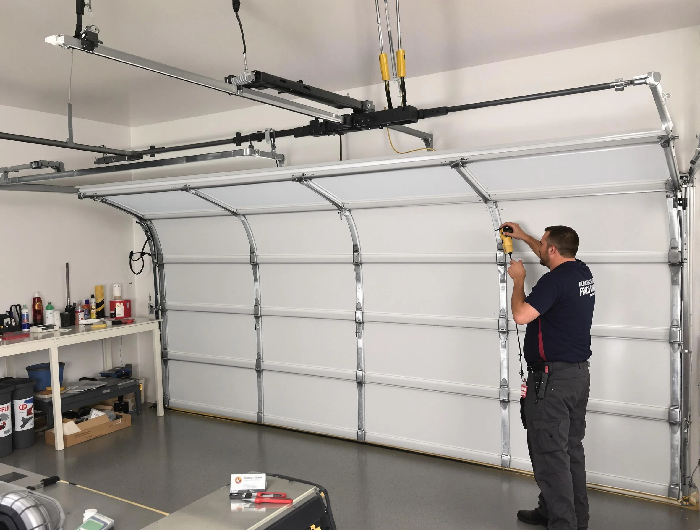 Sandy Garage Door Repair certified technician performing overhead door system repair in Sandy
